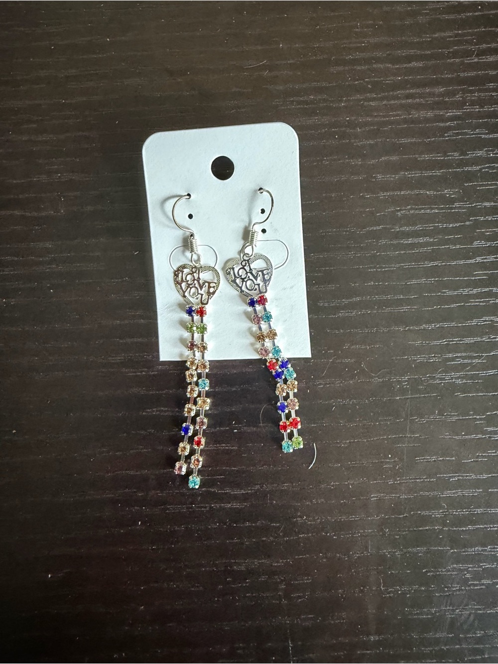Silver-tone Heart Dangle Earrings with Colorful Rhinestones